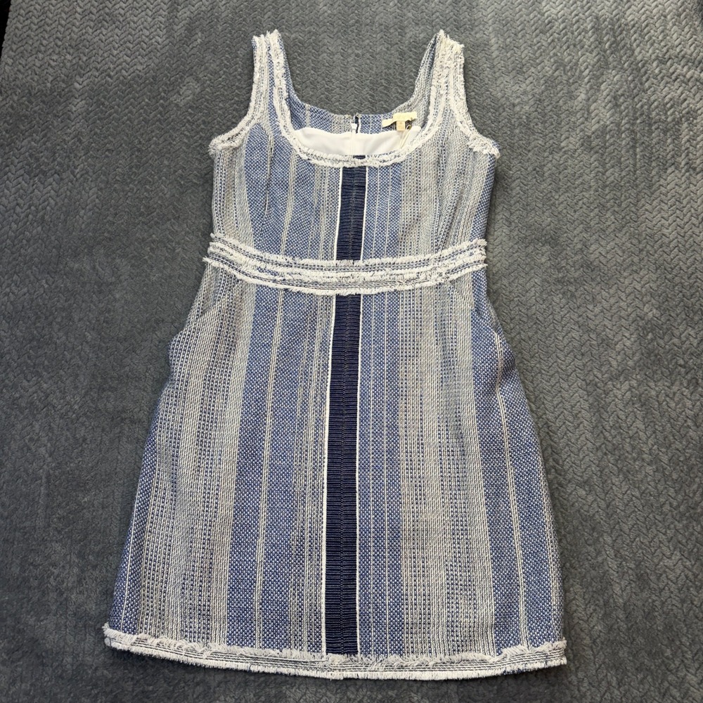 Etcetera Tweed Shift Dress Womens 8 Blue White Striped Fringe Trim Sleeveless
